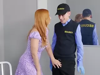 Red-haired hottie facialized after making love with customs agent
